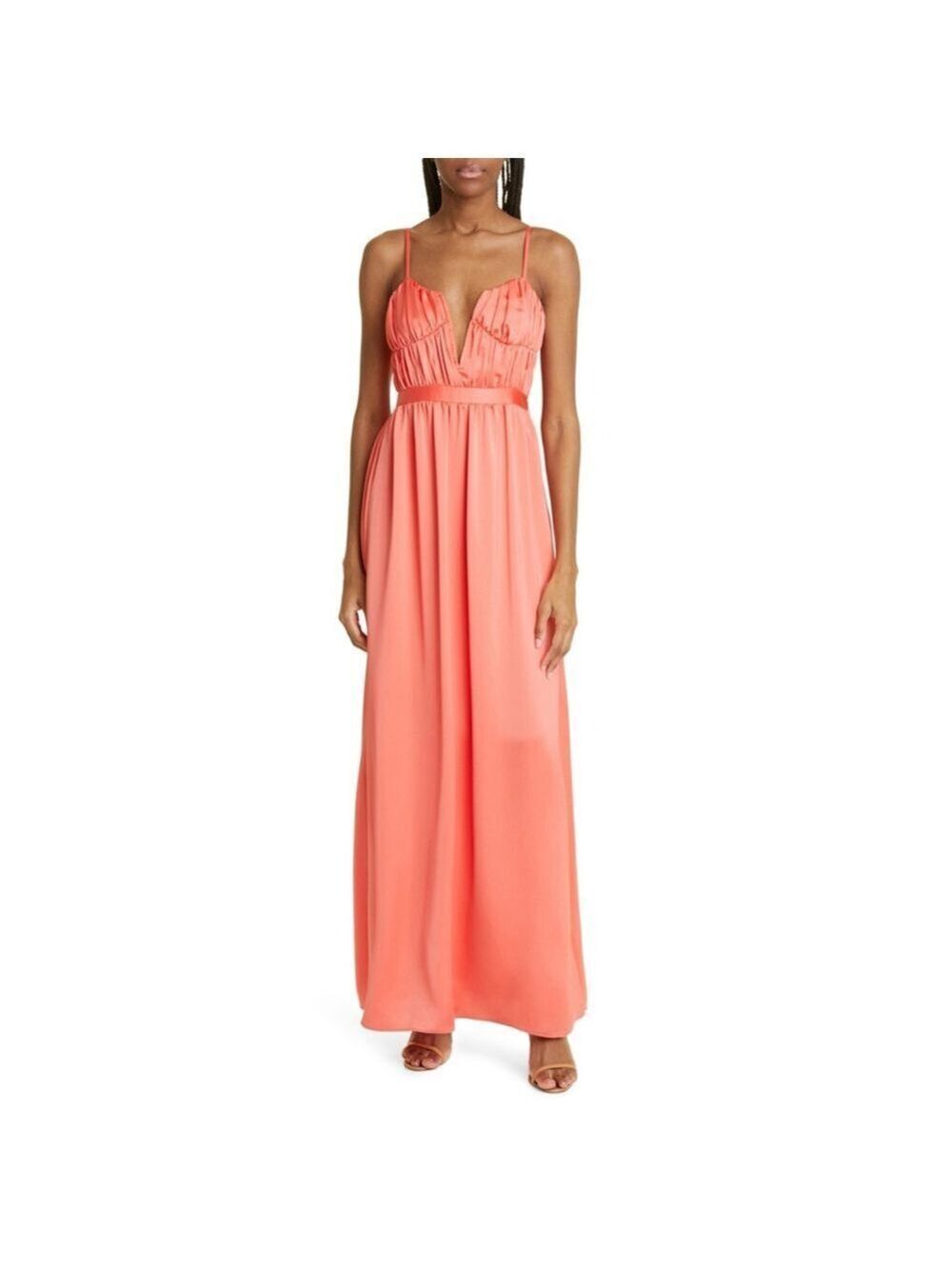 Women's Ramy Brook Coral Becky Plunge Neck Satin Maxi Gown Size 00